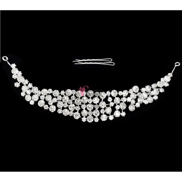 Tiara Ti005AA argintie pentru mirese cu cristale din sticla + 2 agrafe